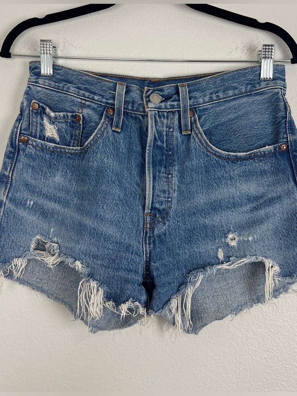 Levi’s | Big E 501 Distressed High Waisted Cutoff Denim Shorts Chewed Hem 26